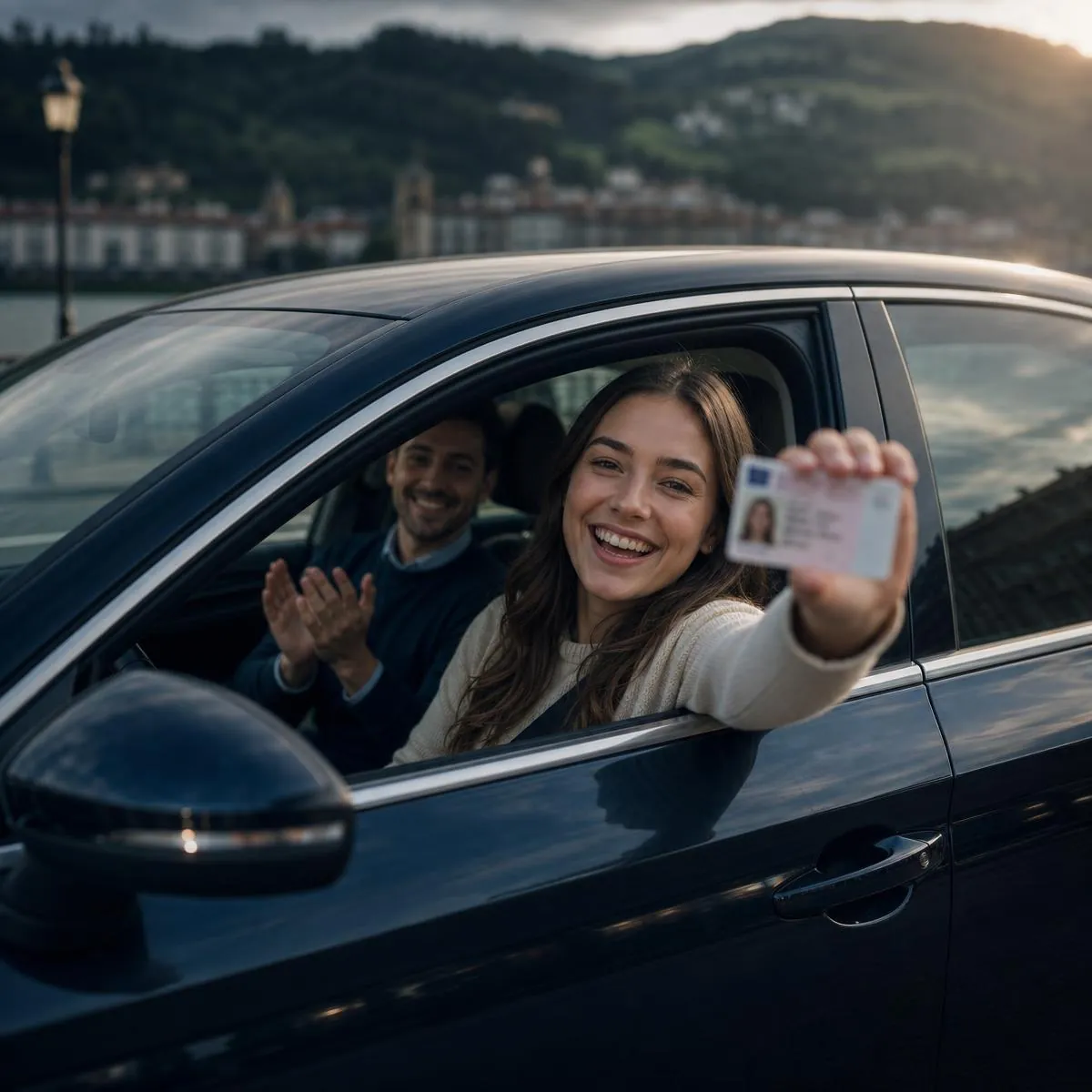 Alumna celebrando la obtención de su carné de conducir dentro del coche